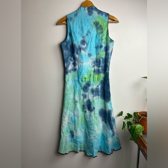 Donna Morgan Fairy Elf Vtg 90s Y2K Tie die 100% Linen Mid Dress Boho fit flare 4 - Picture 2 of 13